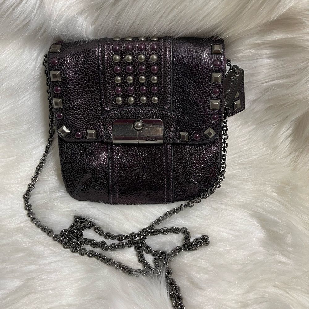 Coach Kristin Mini Plum Metallic Studded Crossbody Bag with Gunmetal Chain